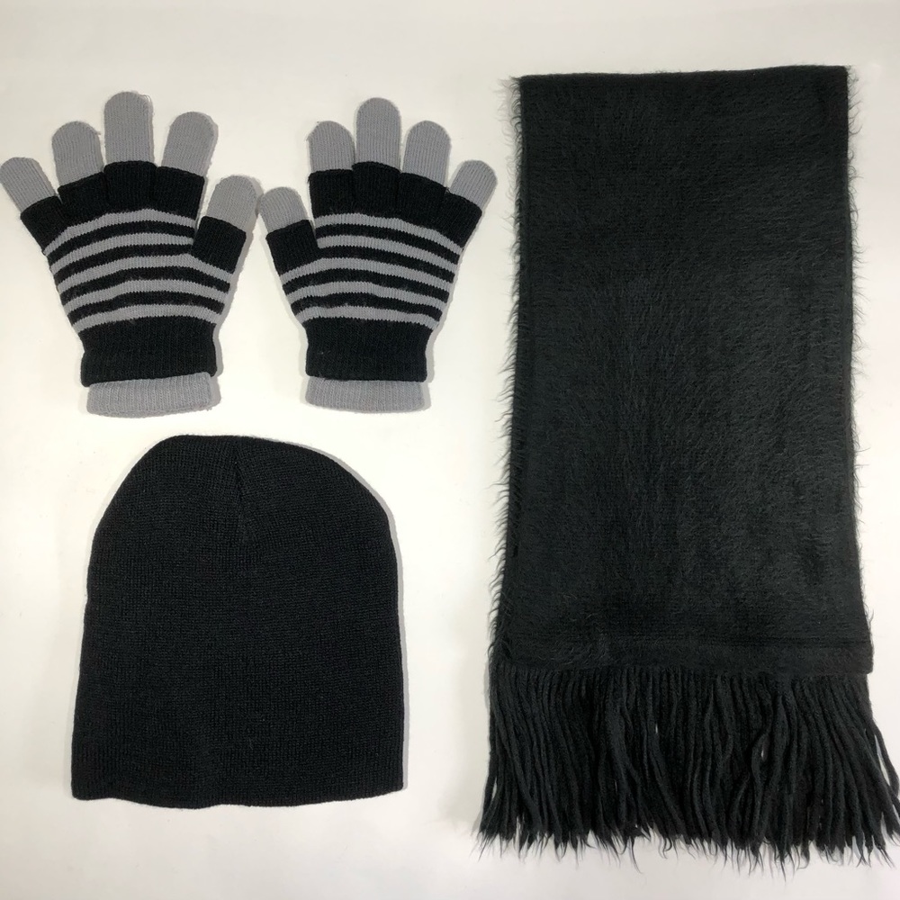 NEW Ladies Hat, Scarf and Gloves Set Black/Gray
